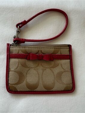 Coach Signature Bow Canvas Tan Pink Skinny ID Wristlet